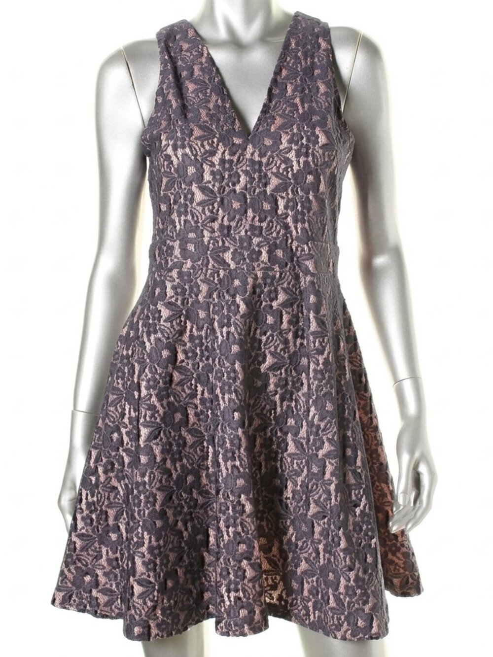 AQUA Navy Blue Lace Light Pink Lining V-Neck Sleeveless Fit Flare Skater Dress